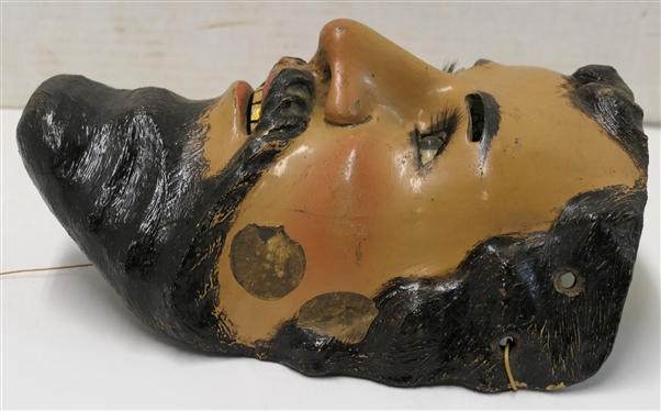 Antique Mexican Folk Art Catrin Dandy Mask - Glass Eyes, Hair Eye Lashes, Movable Eye Lids, and Gold Teeth - Mask Measures 10 by 7 Across - Some Slight Pitting To Side of Face 