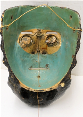 Antique Mexican Folk Art Catrin Dandy Mask - Glass Eyes, Hair Eye Lashes, Movable Eye Lids, and Gold Teeth - Mask Measures 10 by 7 Across - Some Slight Pitting To Side of Face 