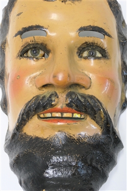 Antique Mexican Folk Art Catrin Dandy Mask - Glass Eyes, Hair Eye Lashes, Movable Eye Lids, and Gold Teeth - Mask Measures 10 by 7 Across - Some Slight Pitting To Side of Face 