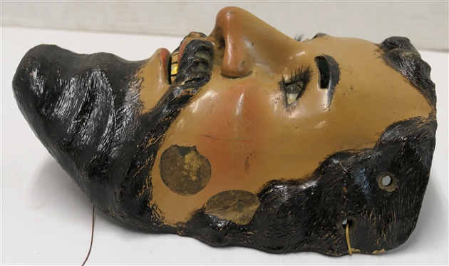 Antique Mexican Folk Art Catrin Dandy Mask - Glass Eyes, Hair Eye Lashes, Movable Eye Lids, and Gold Teeth - Mask Measures 10 by 7 Across - Some Slight Pitting To Side of Face 