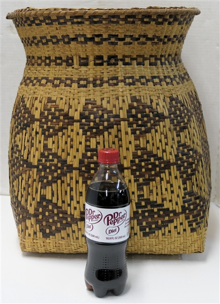 Antique Cherokee Indian Rivercane Burden Basket - Dyed Rivercane Pattern - Large Basket Measures 16" Tall 12 1/2" Wide 