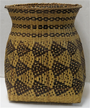 Antique Cherokee Indian Rivercane Burden Basket - Dyed Rivercane Pattern - Large Basket Measures 16 Tall 12 1/2 Wide 