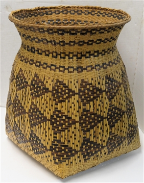 Antique Cherokee Indian Rivercane Burden Basket - Dyed Rivercane Pattern - Large Basket Measures 16 Tall 12 1/2 Wide 