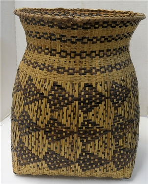 Antique Cherokee Indian Rivercane Burden Basket - Dyed Rivercane Pattern - Large Basket Measures 16 Tall 12 1/2 Wide 
