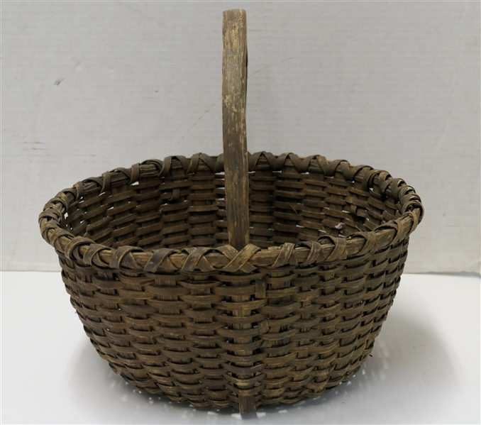 Antique Round Oak Splint Basket - Wood Handle - Basket Measures 5 1/2" Tall 11" Across