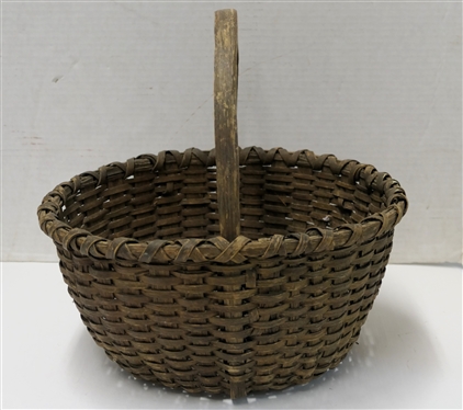 Antique Round Oak Splint Basket - Wood Handle - Basket Measures 5 1/2 Tall 11 Across
