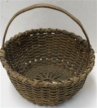 Antique Round Oak Splint Basket - Wood Handle - Basket Measures 5 1/2 Tall 11 Across