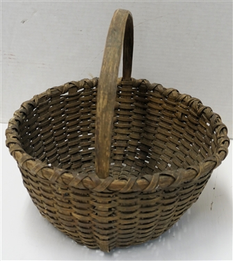 Antique Round Oak Splint Basket - Wood Handle - Basket Measures 5 1/2 Tall 11 Across