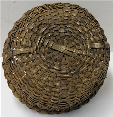 Antique Round Oak Splint Basket - Wood Handle - Basket Measures 5 1/2 Tall 11 Across