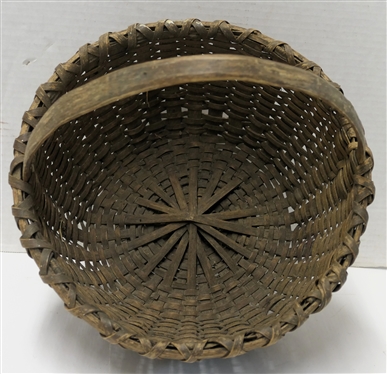 Antique Round Oak Splint Basket - Wood Handle - Basket Measures 5 1/2 Tall 11 Across