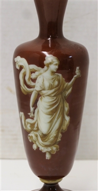 Parisian Porcelain Mantle Vase with  Woman - Rust Colored with Gold Trim - Vase Measures 11 1/4 Tall 