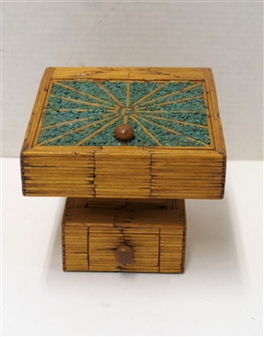 Vintage Prison Folk Art Match Stick Trinket / Jewelry Box - Top with Green Gravel Pattern F in Center of Lid - Blue Lined Interior - Bottom Pedestal Base with Single Drawer - Box Measures 5 1/4...