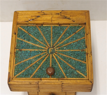 Vintage Prison Folk Art Match Stick Trinket / Jewelry Box - Top with Green Gravel Pattern F in Center of Lid - Blue Lined Interior - Bottom Pedestal Base with Single Drawer - Box Measures 5 1/4...