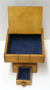 Vintage Prison Folk Art Match Stick Trinket / Jewelry Box - Top with Green Gravel Pattern F in Center of Lid - Blue Lined Interior - Bottom Pedestal Base with Single Drawer - Box Measures 5 1/4...