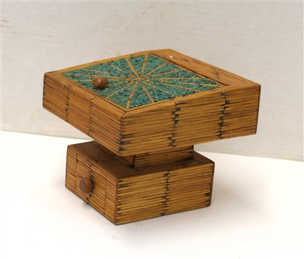 Vintage Prison Folk Art Match Stick Trinket / Jewelry Box - Top with Green Gravel Pattern F in Center of Lid - Blue Lined Interior - Bottom Pedestal Base with Single Drawer - Box Measures 5 1/4...