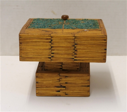 Vintage Prison Folk Art Match Stick Trinket / Jewelry Box - Top with Green Gravel Pattern F in Center of Lid - Blue Lined Interior - Bottom Pedestal Base with Single Drawer - Box Measures 5 1/4...