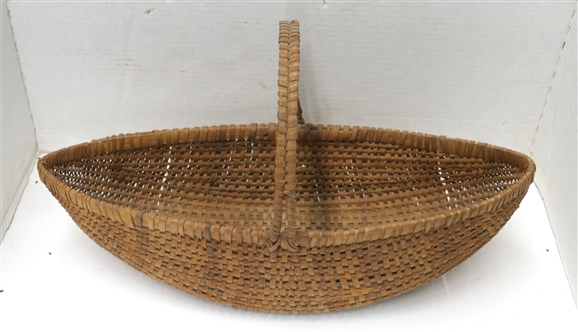 Unusual Canoe Shaped Hand Made Oak Splint Basket - Finely Woven with Double Handles - Basket Measures 4 1/2 Tall 18 By 6 1/2 - Not Including Handles 