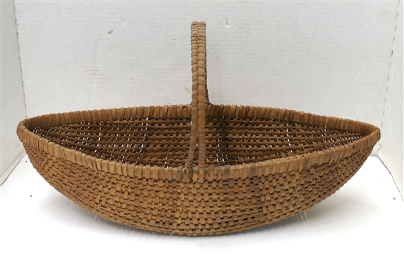 Unusual Canoe Shaped Hand Made Oak Splint Basket - Finely Woven with Double Handles - Basket Measures 4 1/2 Tall 18 By 6 1/2 - Not Including Handles 