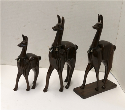 3 Hand Carved South American Wood Carved Folk Art Llama Figures with Silver Bells - Largest Llama with Wood Base Measures 11 3/4 Tall 7 Long Smallest Measures 8 1/2 Tall 