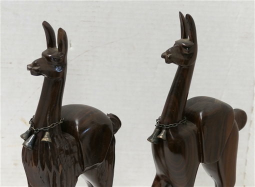 3 Hand Carved South American Wood Carved Folk Art Llama Figures with Silver Bells - Largest Llama with Wood Base Measures 11 3/4 Tall 7 Long Smallest Measures 8 1/2 Tall 