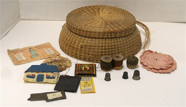 1930''s Handmade Gulla Geechee Sweet Grass Basket with Lid - Sewing Basket - Prince Edward County Virginia Newspaper Clipping Inside - Vintage Needles, Threads, and Thimbles Inside - Also Tiny...