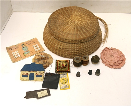 1930''s Handmade Gulla Geechee Sweet Grass Basket with Lid - Sewing Basket - Prince Edward County Virginia Newspaper Clipping Inside - Vintage Needles, Threads, and Thimbles Inside - Also Tiny...