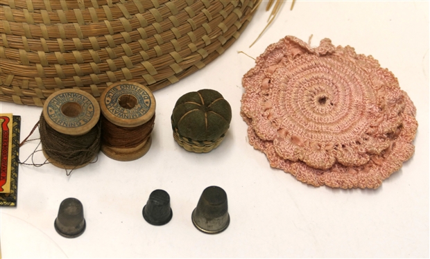 1930''s Handmade Gulla Geechee Sweet Grass Basket with Lid - Sewing Basket - Prince Edward County Virginia Newspaper Clipping Inside - Vintage Needles, Threads, and Thimbles Inside - Also Tiny...