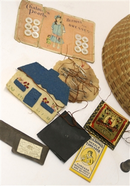 1930''s Handmade Gulla Geechee Sweet Grass Basket with Lid - Sewing Basket - Prince Edward County Virginia Newspaper Clipping Inside - Vintage Needles, Threads, and Thimbles Inside - Also Tiny...