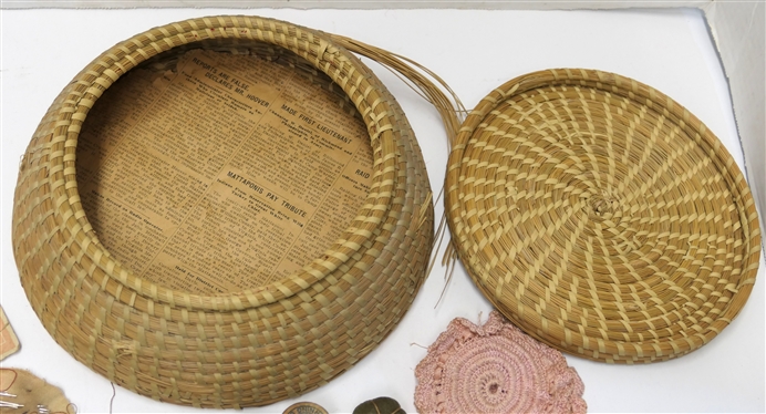 1930''s Handmade Gulla Geechee Sweet Grass Basket with Lid - Sewing Basket - Prince Edward County Virginia Newspaper Clipping Inside - Vintage Needles, Threads, and Thimbles Inside - Also Tiny...