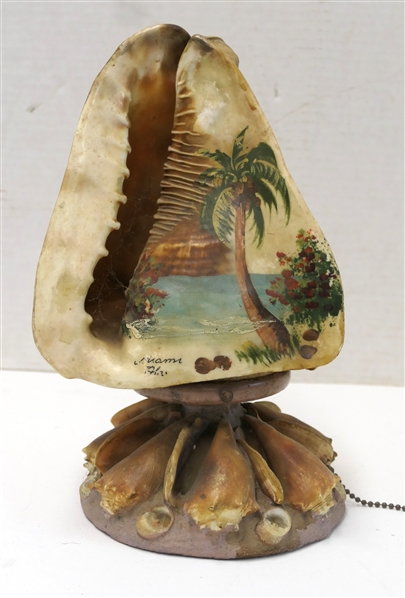 Vintage 1950s Miami Florida Conch Shell Souvenir Shell Lamp - Hand Painted Palm Tree Scene - Conch Shell Atop Smaller Shells - Lamp Needs Rewiring - Lamp Measures 11 1/4" Tall 