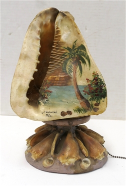 Vintage 1950''s Miami Florida Conch Shell Souvenir Shell Lamp - Hand Painted Palm Tree Scene - Conch Shell Atop Smaller Shells - Lamp Needs Rewiring - Lamp Measures 11 1/4 Tall 