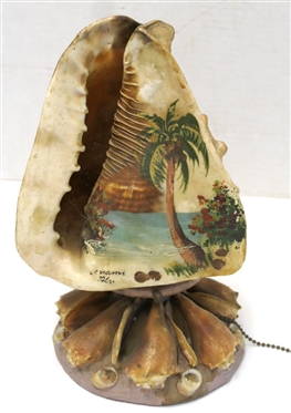 Vintage 1950''s Miami Florida Conch Shell Souvenir Shell Lamp - Hand Painted Palm Tree Scene - Conch Shell Atop Smaller Shells - Lamp Needs Rewiring - Lamp Measures 11 1/4 Tall 