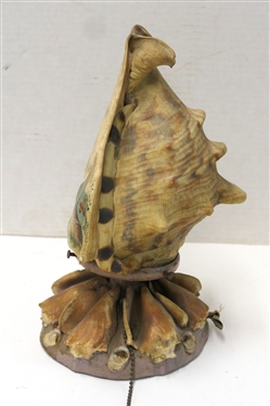 Vintage 1950''s Miami Florida Conch Shell Souvenir Shell Lamp - Hand Painted Palm Tree Scene - Conch Shell Atop Smaller Shells - Lamp Needs Rewiring - Lamp Measures 11 1/4 Tall 