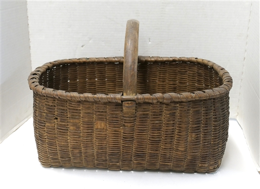 Unusual 19th Century  Finely Woven Market Basket - Unusual Woven Ribbed Pattern - Notched Handle - Basket Measures 7 1/2 Tall 16 1/2 by 12 