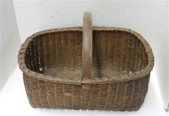 Unusual 19th Century  Finely Woven Market Basket - Unusual Woven Ribbed Pattern - Notched Handle - Basket Measures 7 1/2 Tall 16 1/2 by 12 