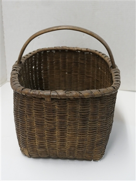 Unusual 19th Century  Finely Woven Market Basket - Unusual Woven Ribbed Pattern - Notched Handle - Basket Measures 7 1/2 Tall 16 1/2 by 12 