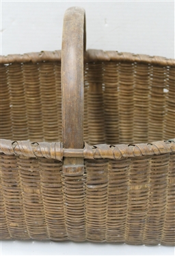 Unusual 19th Century  Finely Woven Market Basket - Unusual Woven Ribbed Pattern - Notched Handle - Basket Measures 7 1/2 Tall 16 1/2 by 12 