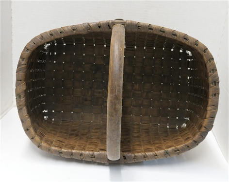 Unusual 19th Century  Finely Woven Market Basket - Unusual Woven Ribbed Pattern - Notched Handle - Basket Measures 7 1/2 Tall 16 1/2 by 12 