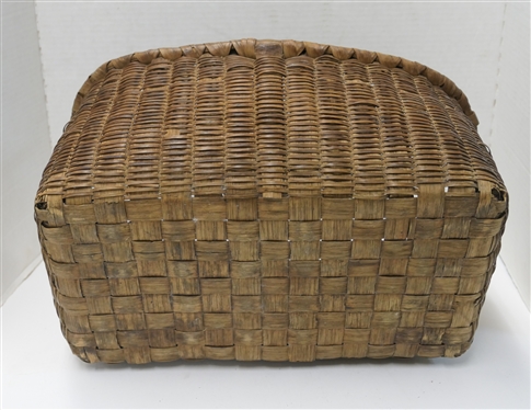 Unusual 19th Century  Finely Woven Market Basket - Unusual Woven Ribbed Pattern - Notched Handle - Basket Measures 7 1/2 Tall 16 1/2 by 12 