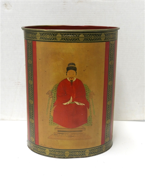 Asian Metal Wastebasket with Emperor on Throne - Red and Gold Painted - Can Measures 13" Tall 10" by 7" 