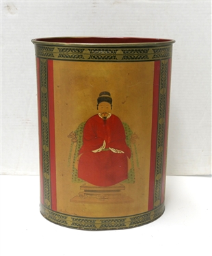 Asian Metal Wastebasket with Emperor on Throne - Red and Gold Painted - Can Measures 13 Tall 10 by 7 
