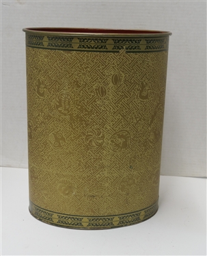Asian Metal Wastebasket with Emperor on Throne - Red and Gold Painted - Can Measures 13 Tall 10 by 7 