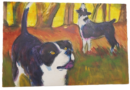 Acrylic Painting of Dogs on Masonite Clayboard - Bright Happy Background with 2 Black and White Dogs - Signed by Artist Shannon - Dated 1994 - Board Measures 24 by 36 