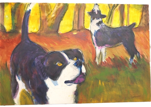 Acrylic Painting of Dogs on Masonite Clayboard - Bright Happy Background with 2 Black and White Dogs - Signed by Artist Shannon - Dated 1994 - Board Measures 24 by 36 
