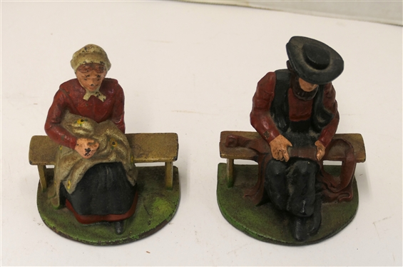 Pair of Old Cast Iron Amish Man and Woman Bookends  - Original Paint - Man is 4 1/2 Tall 4 Across