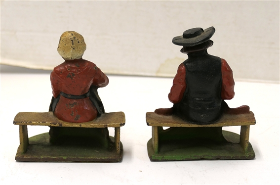 Pair of Old Cast Iron Amish Man and Woman Bookends  - Original Paint - Man is 4 1/2 Tall 4 Across