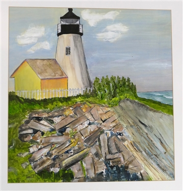 Joan R. Jones Light House on the Rocks Original Acrylic Painting - Gallery / Exhibition Tag on Reverse - Framed  - Framed and Matted - Frame is  25 1/4 by 22 1/4 