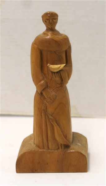 M.T. Perkins Signed Cedar Wood Carving of Priest with Bird - Signed and Dated 1987 on Bottom - Statue Measures 9 1/2" Tall 