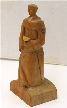 M.T. Perkins Signed Cedar Wood Carving of Priest with Bird - Signed and Dated 1987 on Bottom - Statue Measures 9 1/2 Tall 