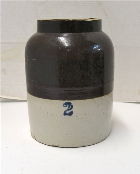 2 Gallon Brown and White Stone Storage Jar / Crock - Blue 2 - Measures 11" Tall 